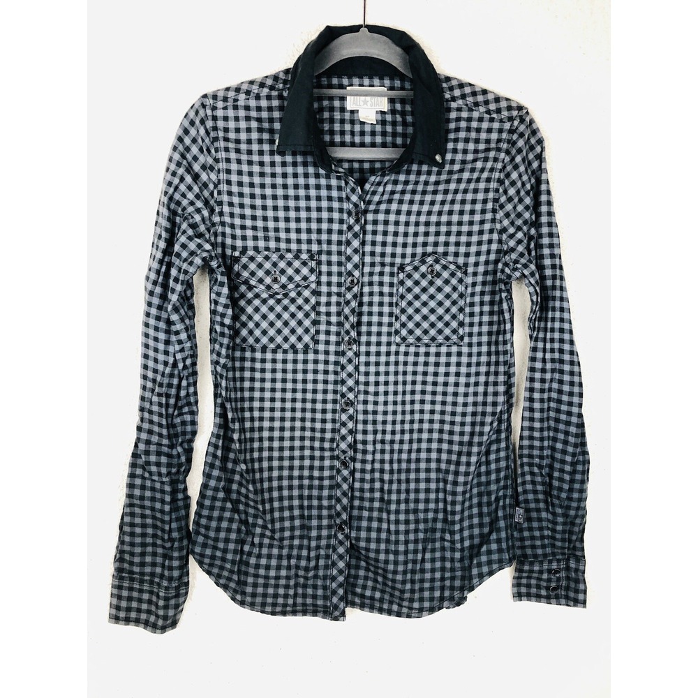CONVERSE All Star Women's S Button Long Sleeve Shirt Check 90s Grunge Skull Gray